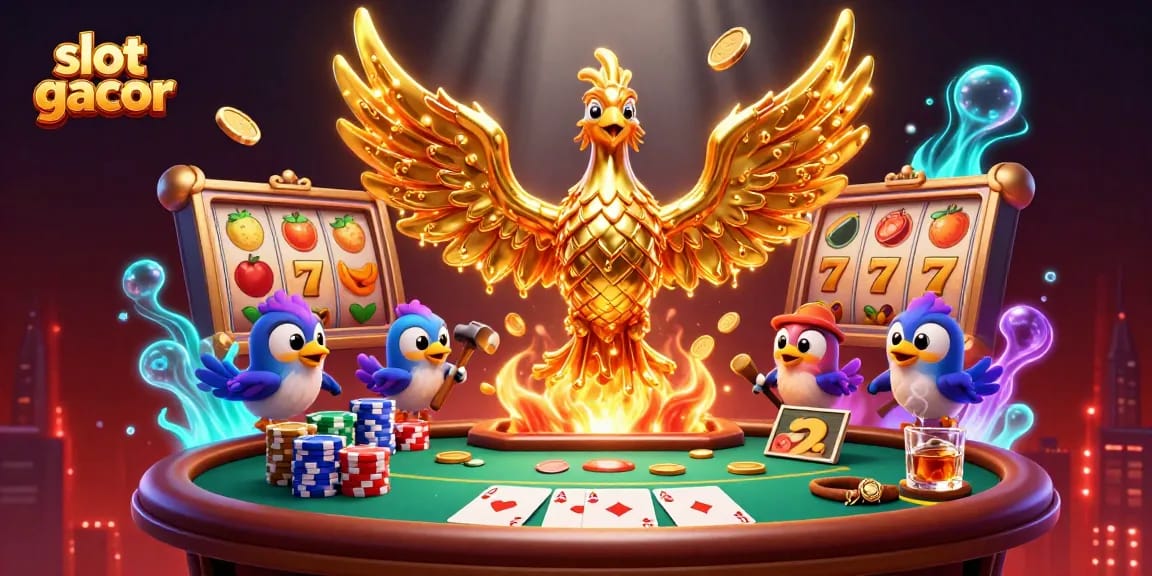Menangkan hadiah slot gacor di permainan kasino dengan phoenix emas dan simbol jackpot.