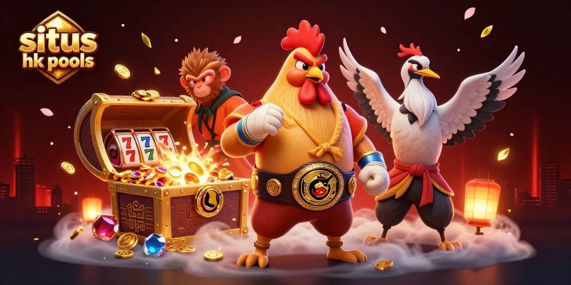 Situs hk pools dengan ilustrasi 3D menarik, menghadirkan ayam Muay Thai, monyet Shaolin, dan guru bangau, dikelilingi slot game.