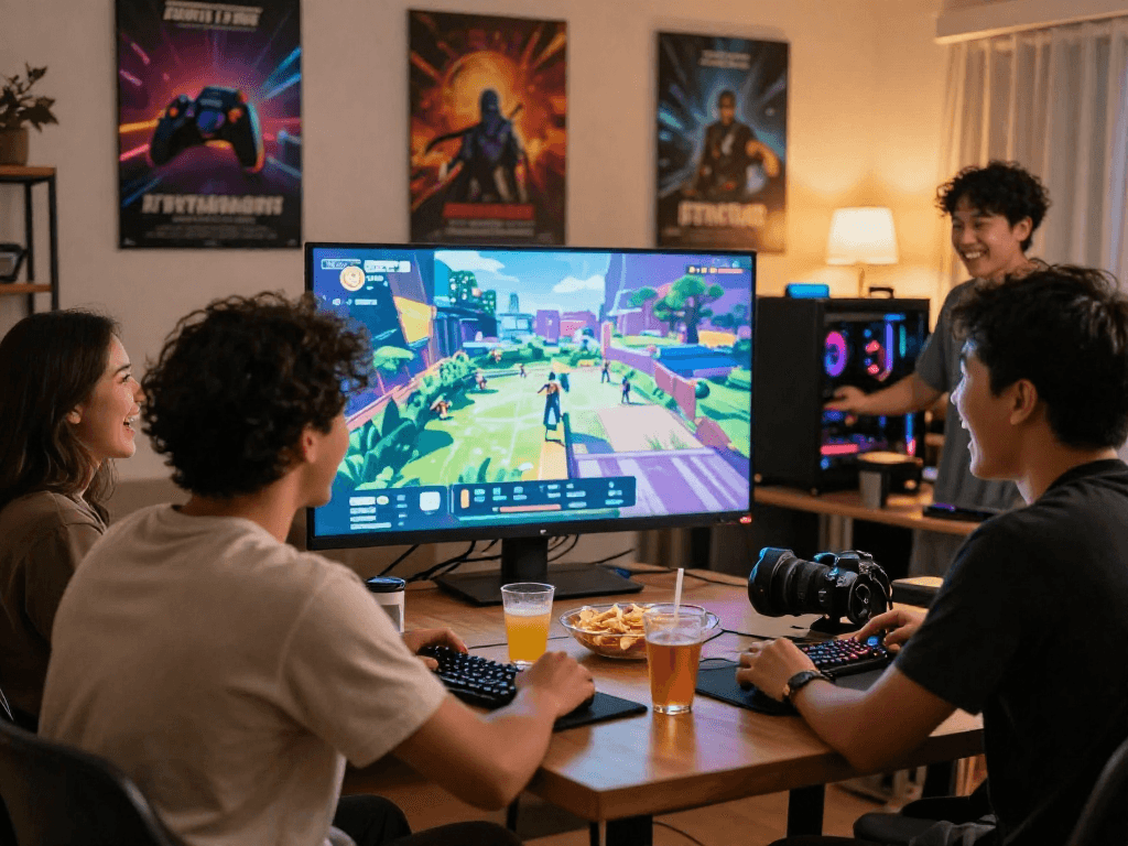 Friends enjoying gaming experiences at rokok88 with snacks and laughter.