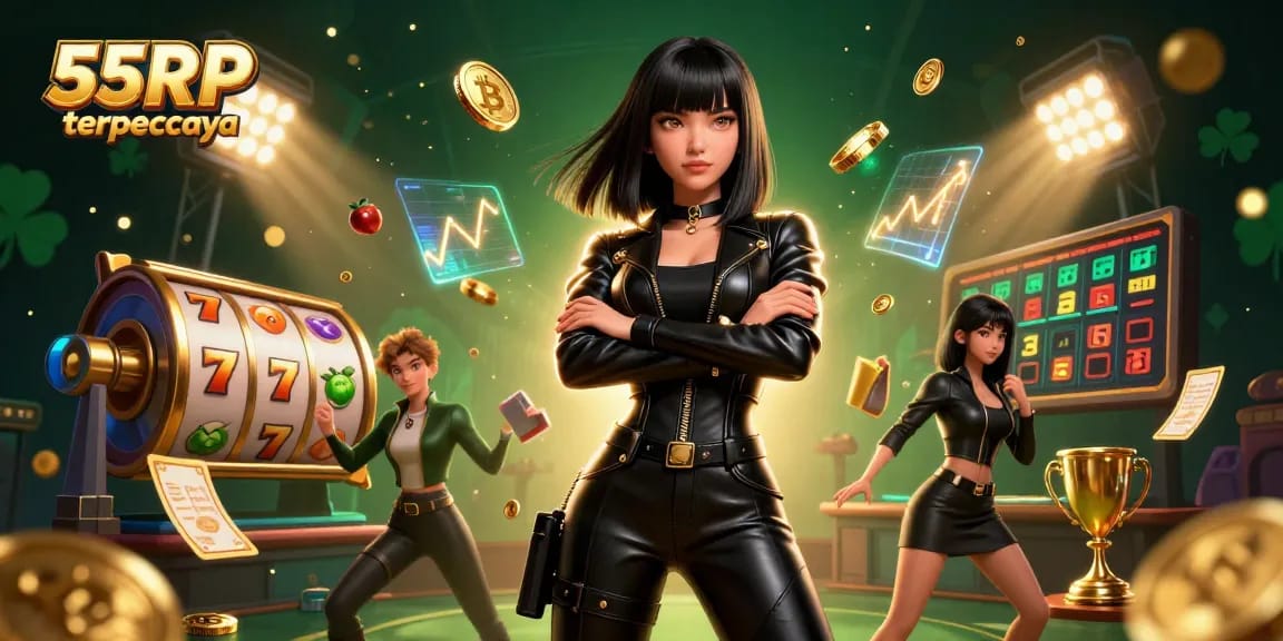 Experience thrilling gaming on 55RP terpercaya platform with vibrant casino elements in a dynamic 3D illustration.