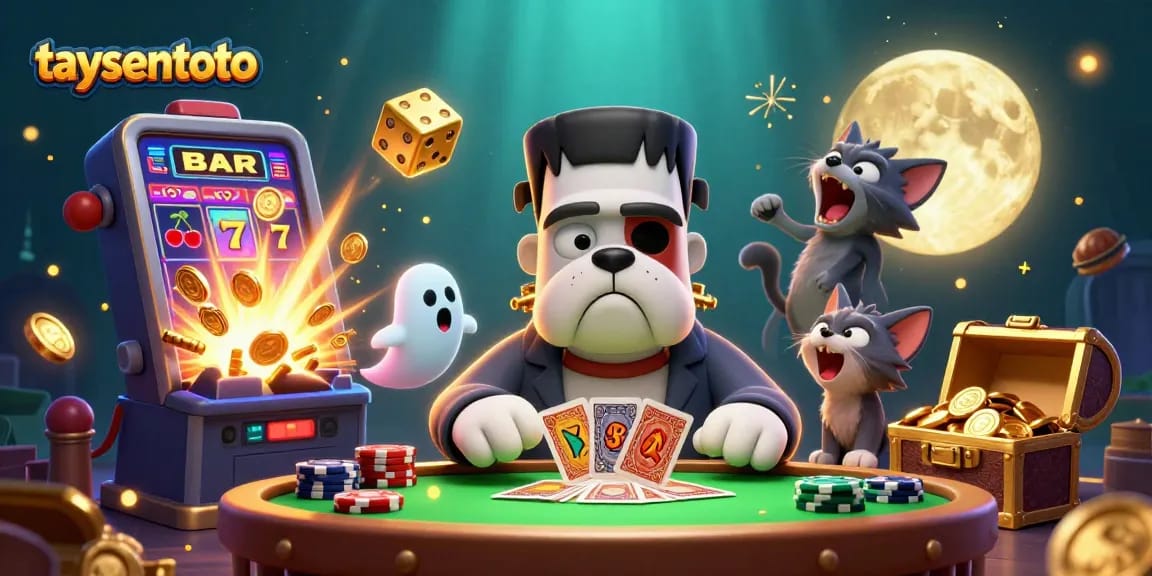 TAYSENTOTO mengajak pemain bermain game kasino dengan bulldog monster Frankenstein dan kucing werewolf.