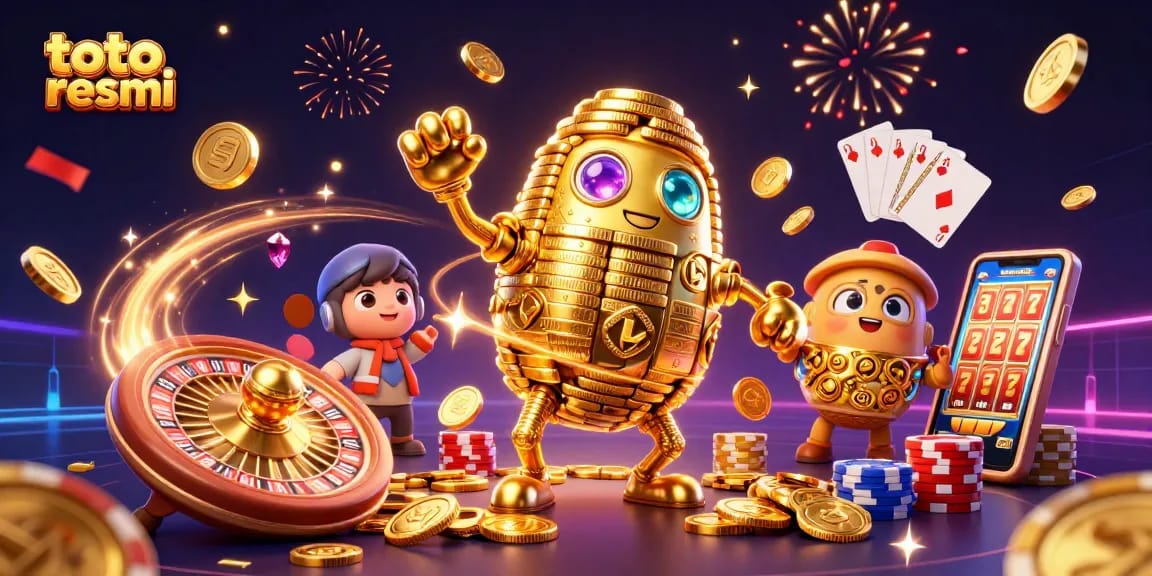 Gambarkan aksi menang di toto resmi dengan karakter golem emas dan koin gemerlap.