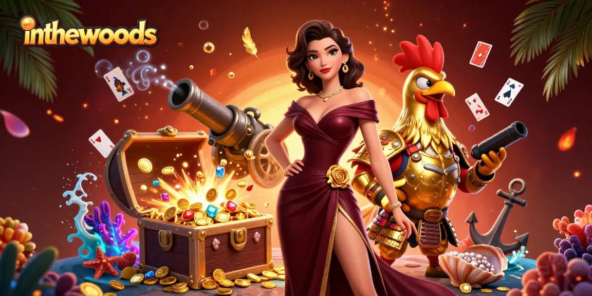 Engage in thrilling gaming action at inthewoods, featuring a glamorous character amidst dazzling casino elements.