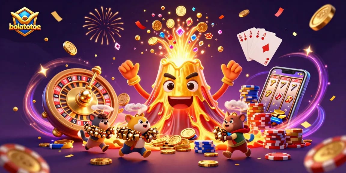 Experience big wins at bolatotoe with an animated scene of a majestic golden volcano and treasure.