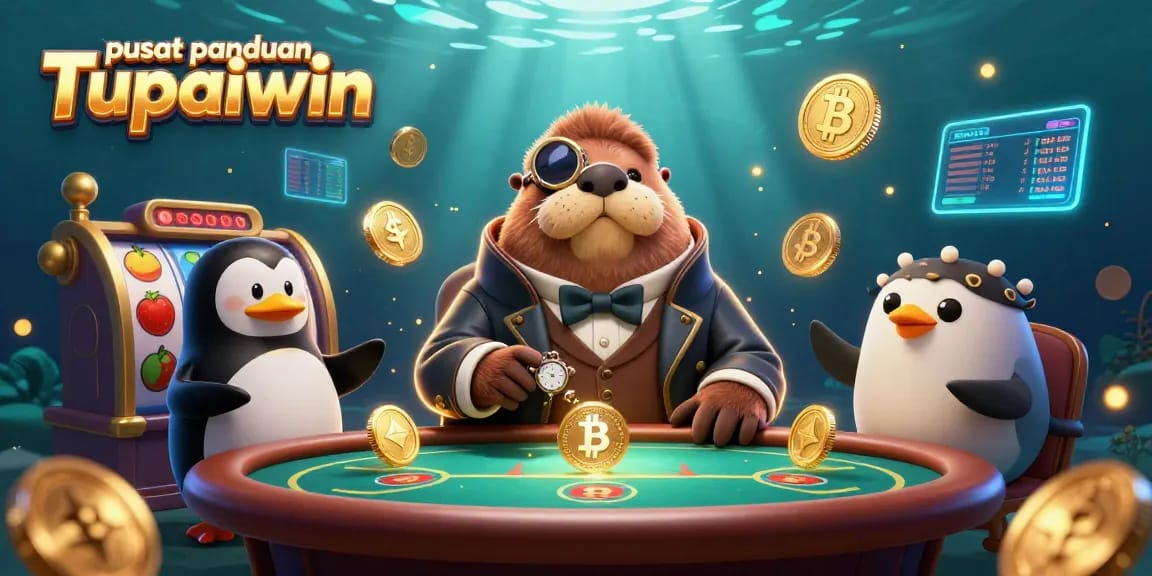 Visualisasi pusat panduan Tupaiwin yang menampilkan walrus jolly bermain poker di lautan dengan elemen slot dan koin kripto.