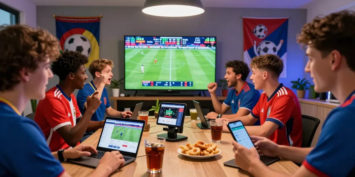 Fans excitedly interacting with TEMPOTOTO platform for sports betting during the World Cup 2026, showcasing modern devices and enthusiastic atmosphere.