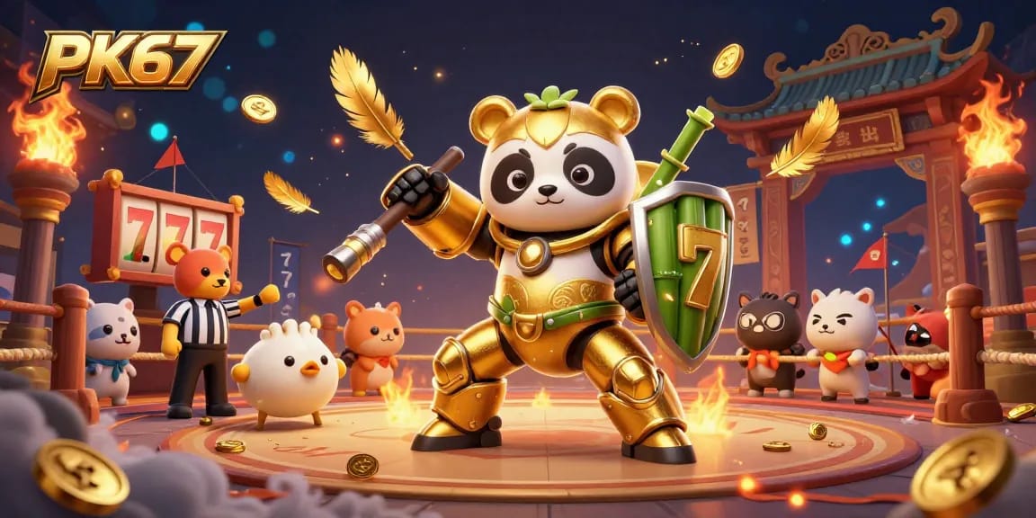 Experience thrilling action with PK67 at the casino, featuring a mech-suit panda in an arena.