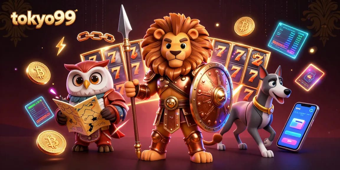 Spartan lion beraksi dalam dunia judi di tokyo99 dengan simbol slot dan koin crypto