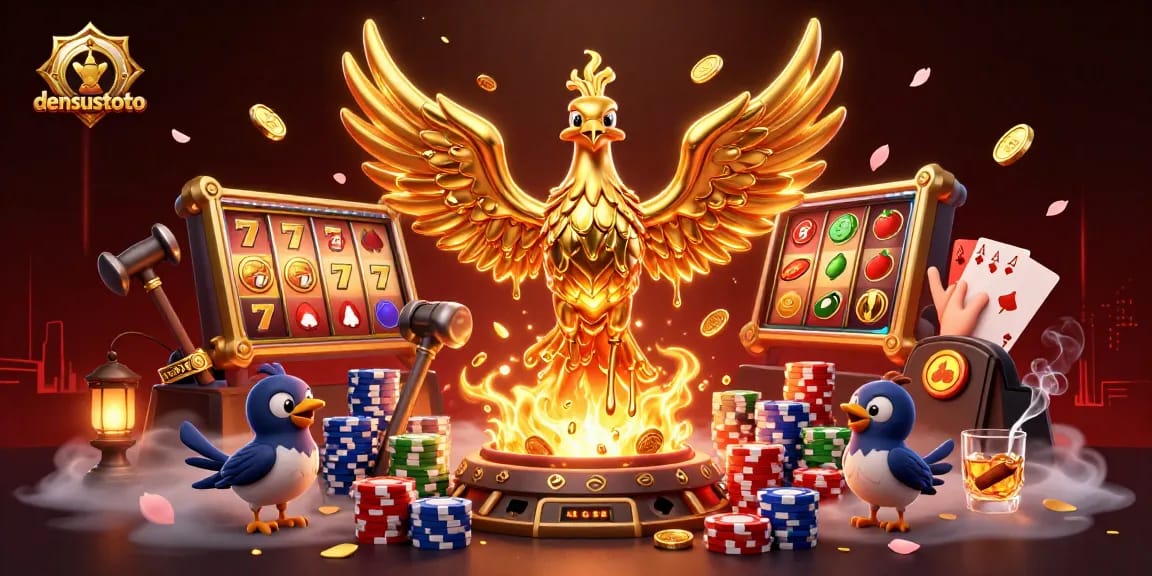 Memenangkan jackpot dengan densustoto bersama phoenix emas dan simbol slot berkilauan.