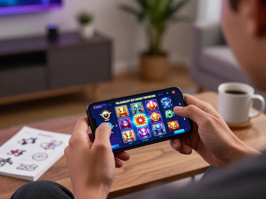 PULSASLOT SLOT ONLINE TERPERCAYA experience with mobile gaming in a cozy living room.