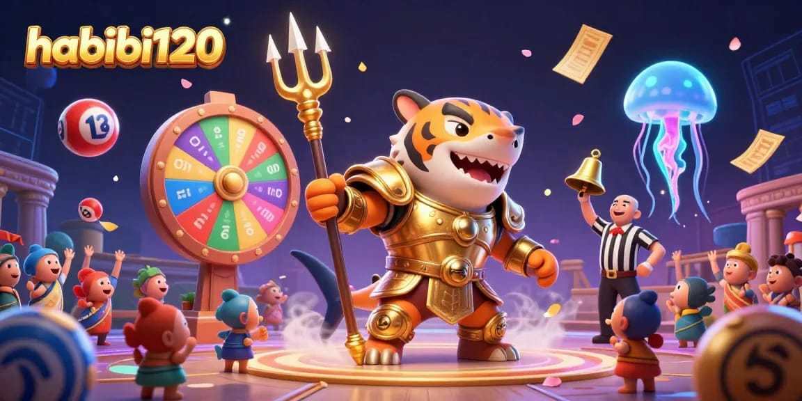Experience the thrilling gaming action with habibi120 featuring a trident-wielding tiger shark in a dynamic lottery scene.