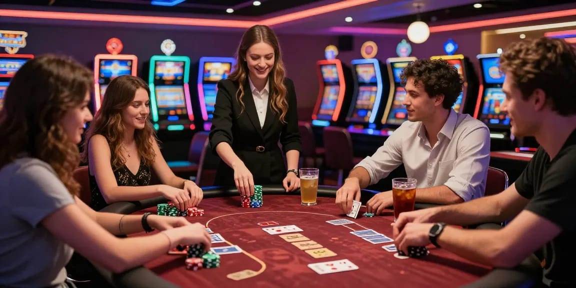 Pengalaman bermain Polo4d di meja poker dengan suasana kasino yang ramai dan interaksi teman-teman.