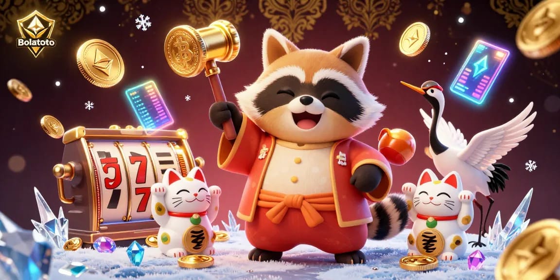Bolatoto's animated slot celebration featuring a cheerful tanuki, lucky symbols, and cryptocurrency elements.