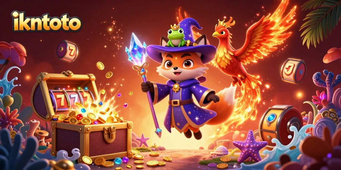 Experience ikntoto's captivating gaming adventure featuring a magical wizard fox and vibrant slot reels.