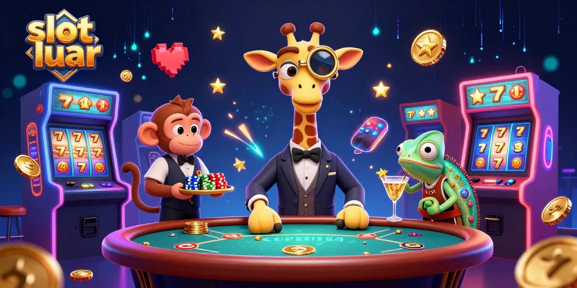Engage with slot luar in this dynamic 3D illustration featuring a high-roller giraffe, monkey valet, and vibrant game elements.