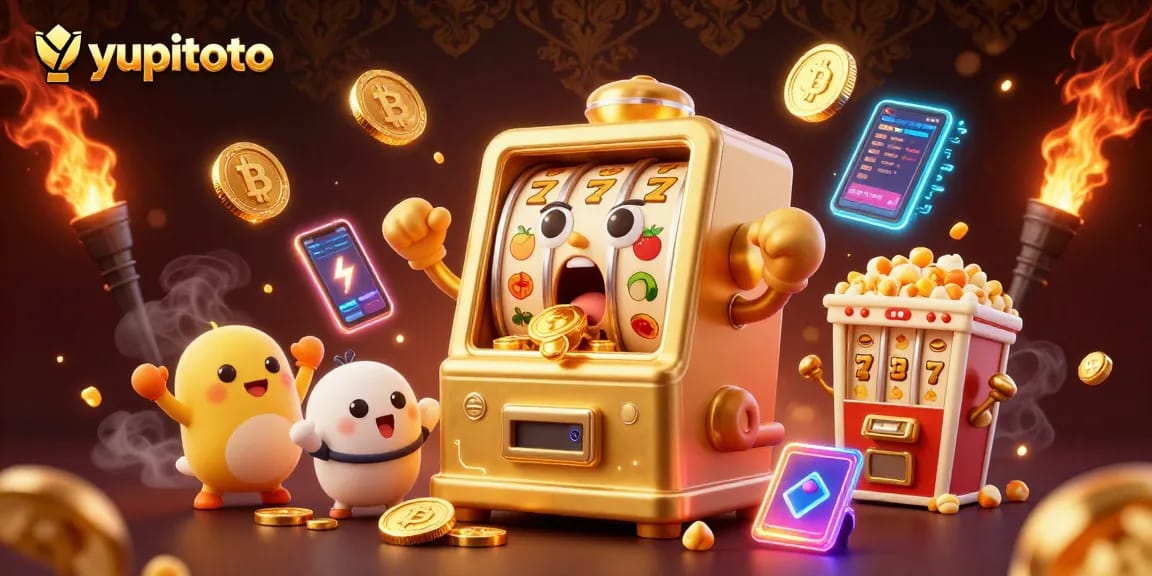 yupitoto menghadirkan mesin slot emas yang mengagetkan saat jackpot, dikelilingi simbol slot dan koin digital.