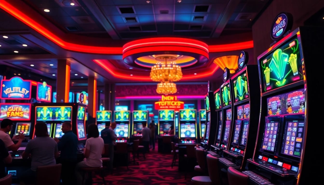 Menampilkan slot mesin kasino yang meriah dengan pemain yang bersemangat.