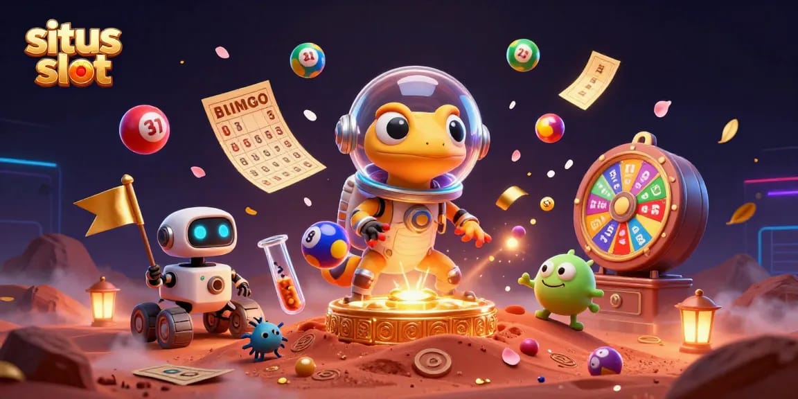 Win big at situs slot with a Martian gecko discovering a golden casino amidst colorful elements.