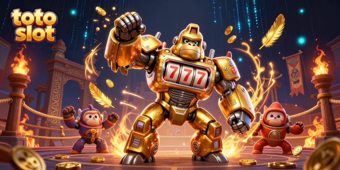 Gambarkan aksi seru bermain toto slot dengan gorila mekanik dan koin berhamburan