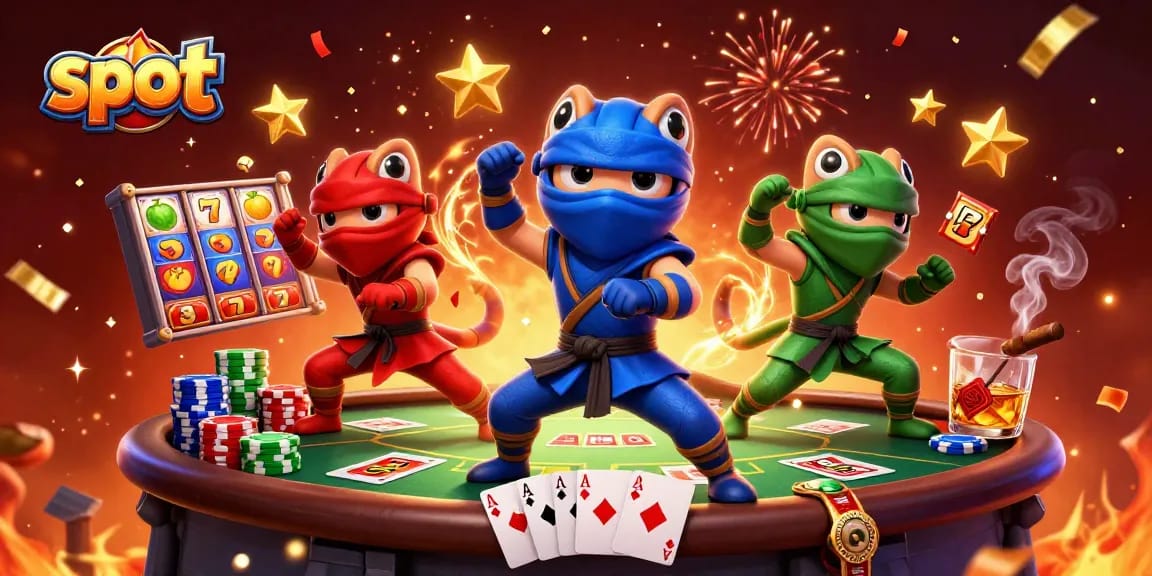 Engaging slot scene featuring ninja chameleons amidst vibrant slots and poker items.