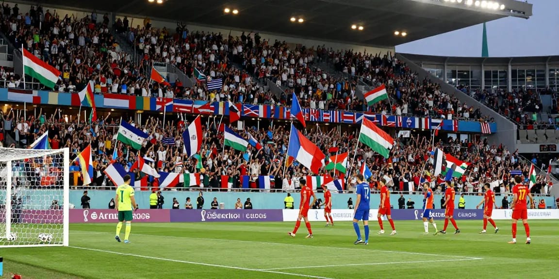 Prediksi piala dunia 2026 saat pertandingan dengan penggemar yang bersorak di stadion.