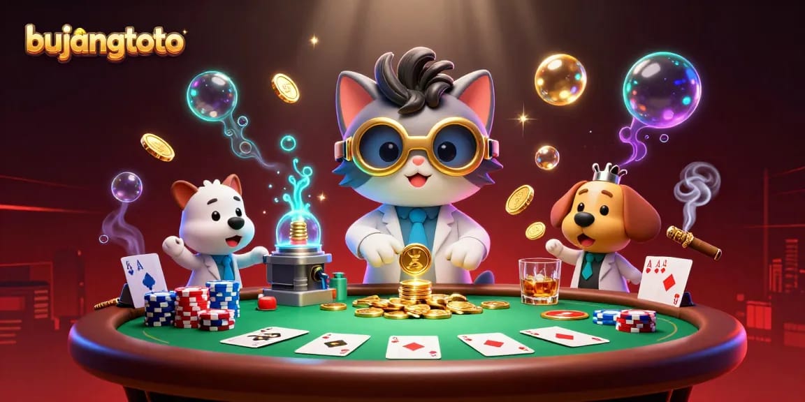 Gambarkan gua bujangtoto saat memainkan poker dengan kat dan anjing yang lucu di kasino.