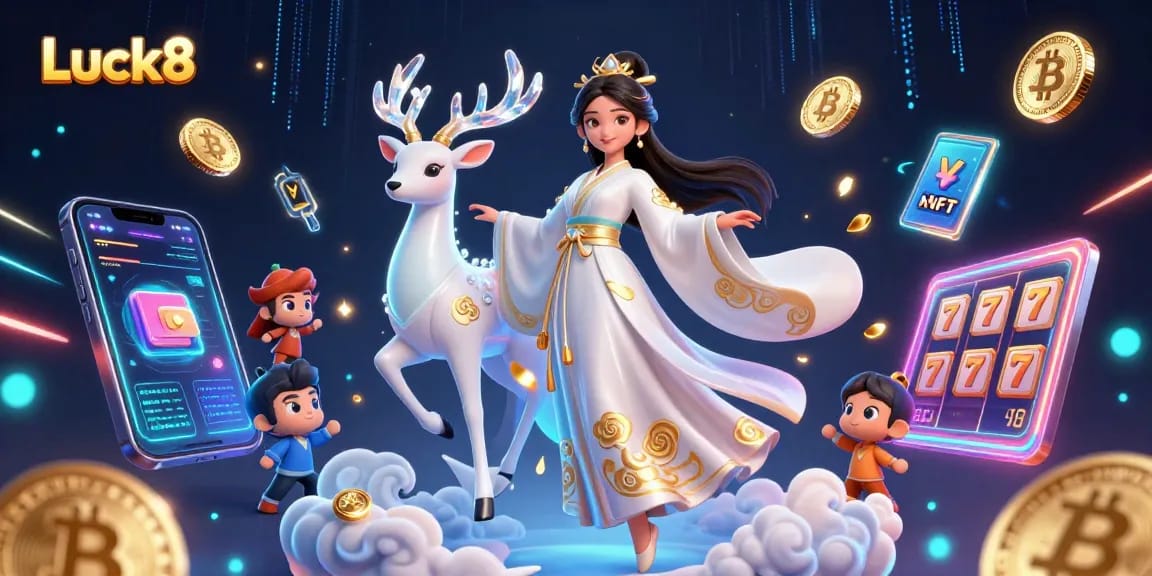 Engage your luck at Luck8 with a stunning Asian woman in modern hanfu amidst vibrant casino excitement.