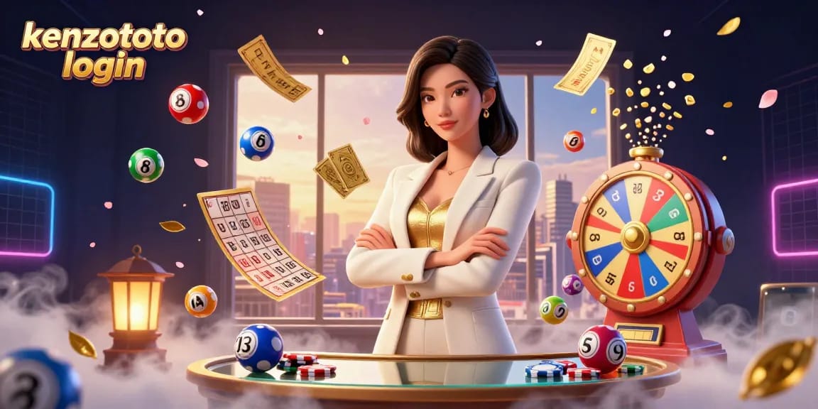 Kenzototo login showcases a glamorous Asian woman with cards in a vibrant lottery scene.