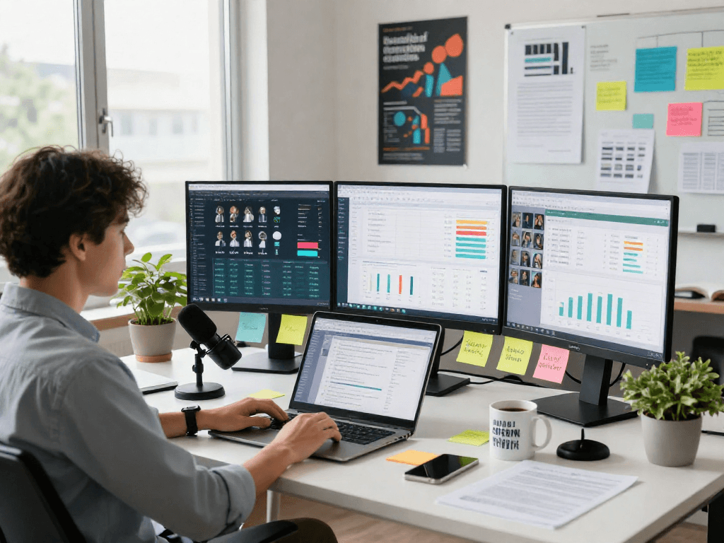 Ruang kerja pemasaran digital dinamis dengan martil4d, layar analitik, dan suasana profesional.