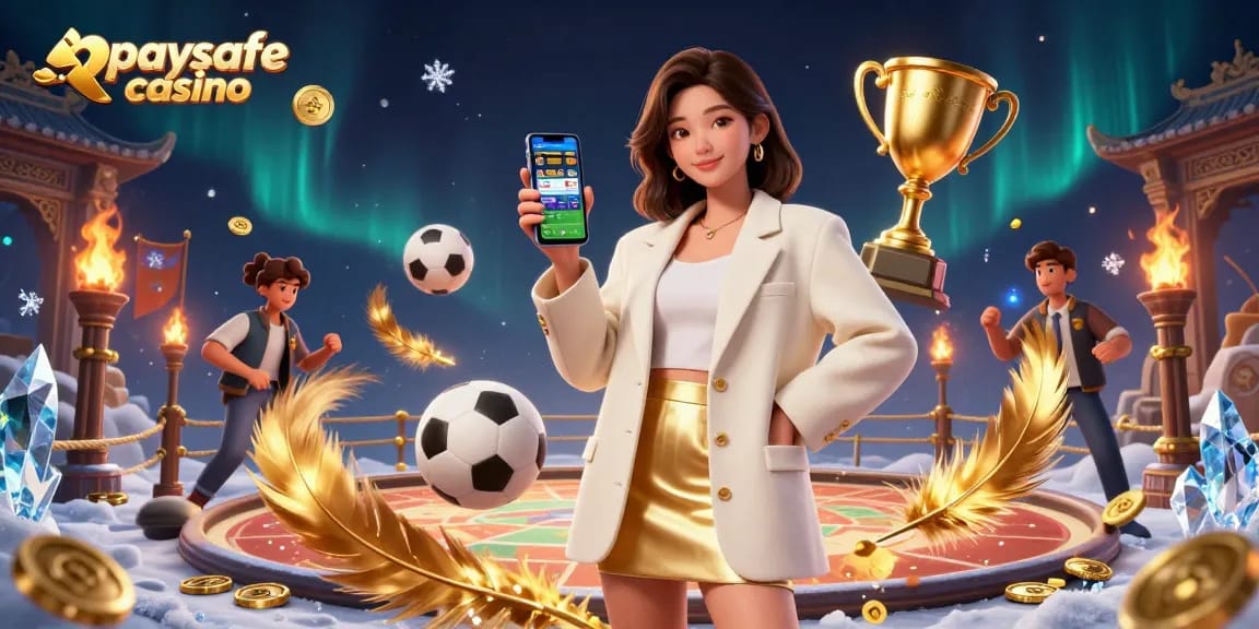 Erleben Sie Aufregung in einem Paysafe Card Casino mit einer lebhaften Illustration, die Elemente des Sportwettens zeigt.