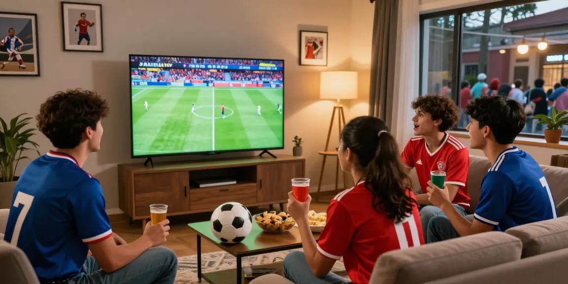 Menonton pertandingan sepak bola secara langsung menggunakan Jalalive, menciptakan suasana hangat dan seru di ruang tamu.