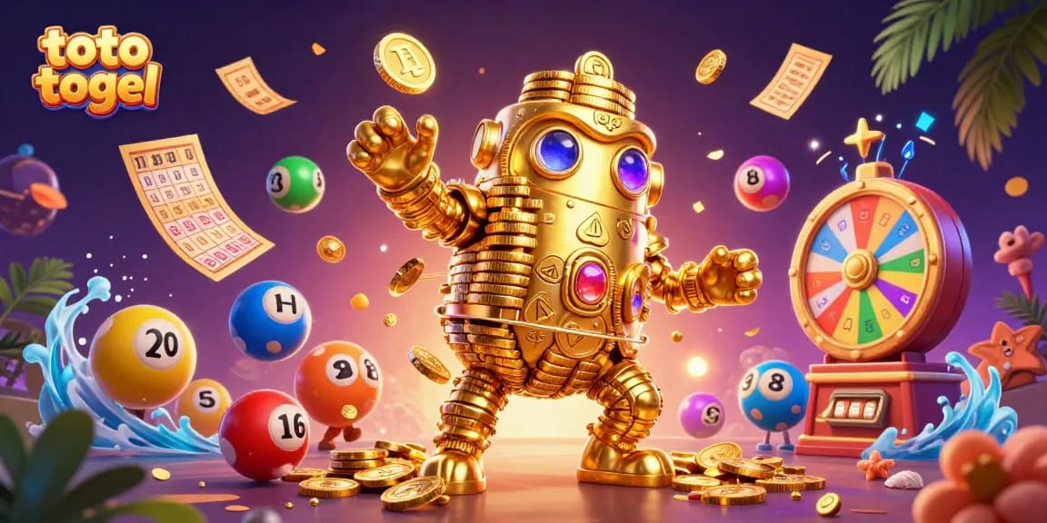 Engage in toto togel with fantasy elements featuring a golden golem and dynamic lottery balls.