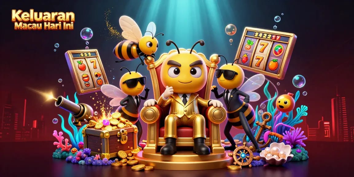 Keluaran Macau Hari Ini reveals dynamic 3D cartoon illustration with gambling elements and a vibrant casino theme.