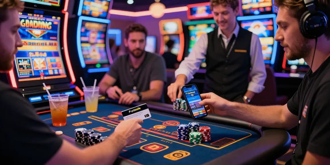 Szene eines Paysafe Card Casinos mit einem Spieler, der eine Einzahlung an einem lebhaften Spieltisch tätigt, und die Aufregung sowie sofortige Einzahlungen hervorhebt.