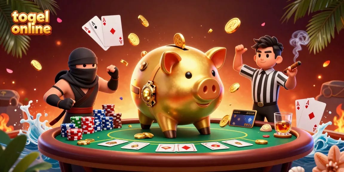 Permainan togel online yang menarik dalam ilustrasi 3D, menunjukkan karakter unik dalam suasana kasino.