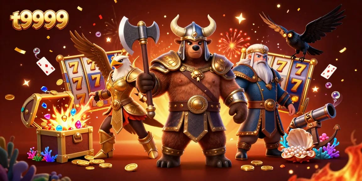 Visualisasi slot bertema t9999 dengan karakter Viking dan elemen kasino yang ceria.