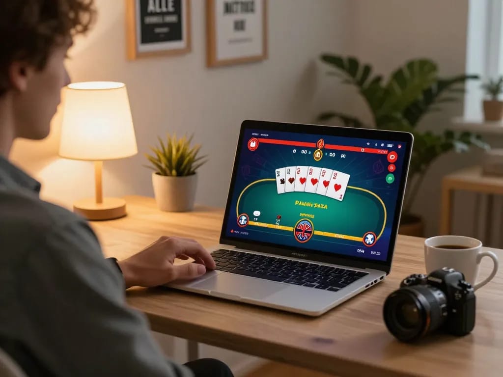 LGO99 Situs Game Online Terpercaya Di INDONESIA engages players in a lively poker game on a modern laptop in a cozy home setting.