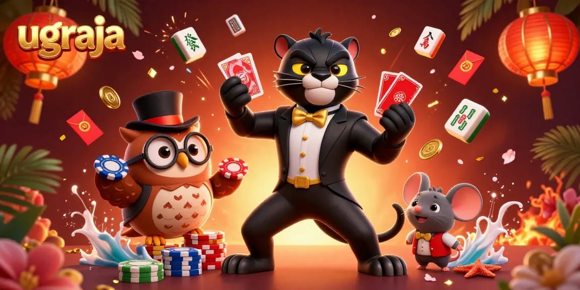 Menghadirkan pengalaman bermain di ugraja dengan panther elegan membagikan kartu dan hiasan menarik di sekelilingnya.