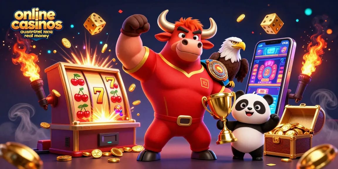 Experience the thrill of online casinos Australia real money with a festive 3D cartoon illustration full of excitement.