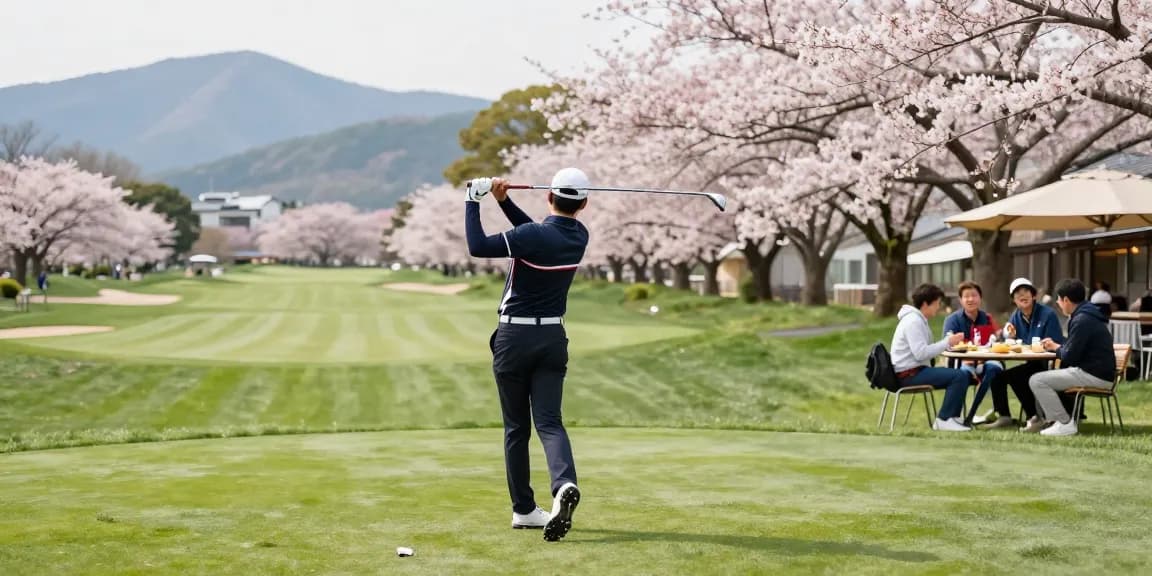 Golfis bro178 login di lapangan golf Kato City dengan pemandangan bunga sakura dan restoran lokal.