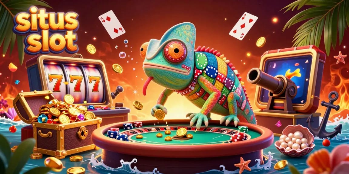 Experience situs slot excitement with a vibrant 3D casino scene featuring a chameleon and colorful gaming elements.