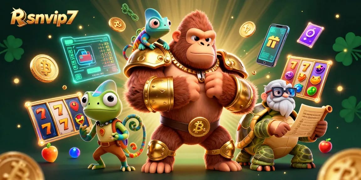 Putar dan menangkan dengan Rsnvip7 yang menampilkan slot berwarna-warni, elemen crypto, dan karakter kartun