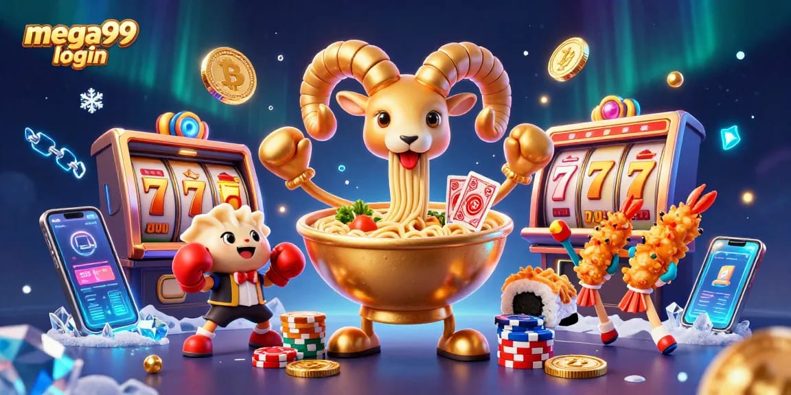 Experience epic wins with mega99 login as the golden ramen bowl deals cards amidst vibrant casino elements!