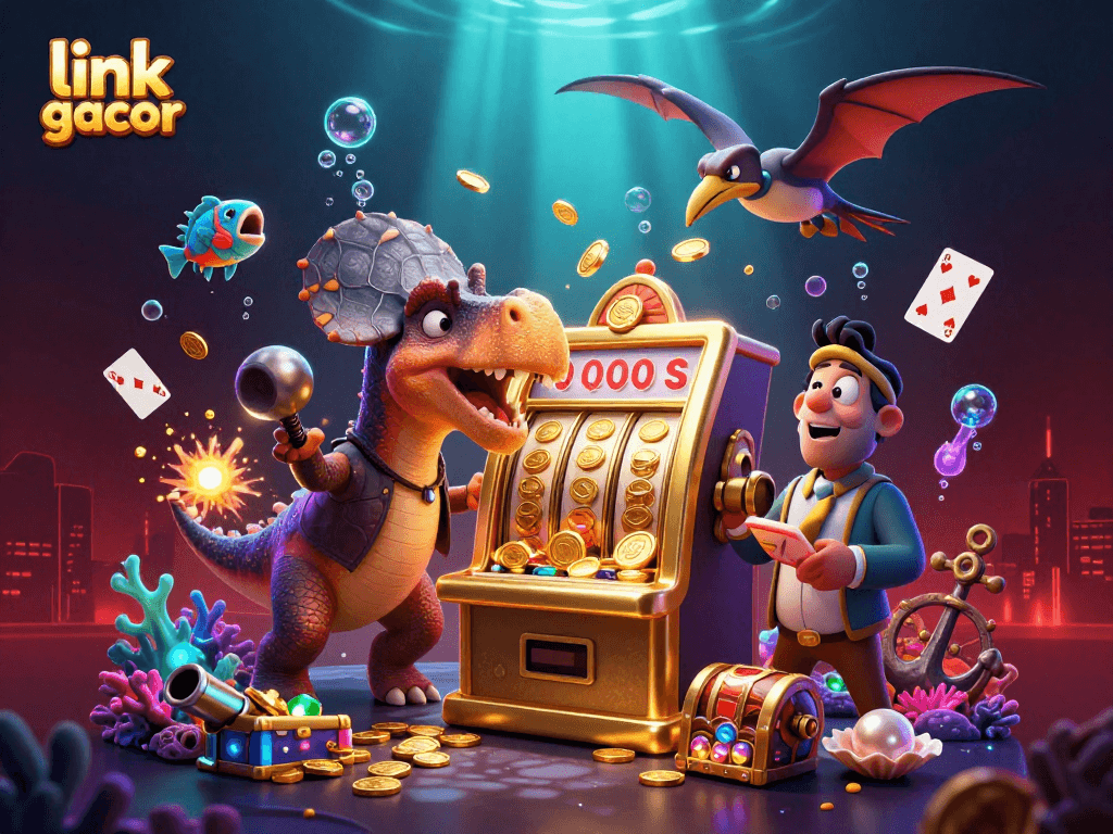 Experience the excitement of link gacor with a playful pachycephalosaurus at a slot machine jackpot.