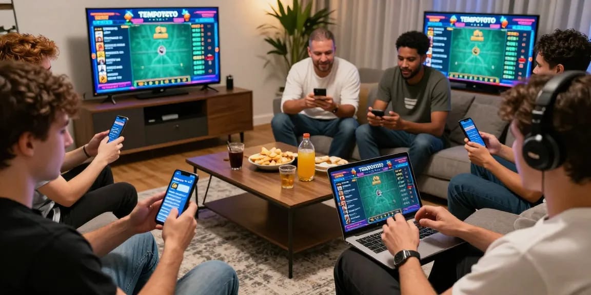 Players enjoying online gambling on TEMPOTOTO with mobile devices and laptops in a vibrant, lively living room.