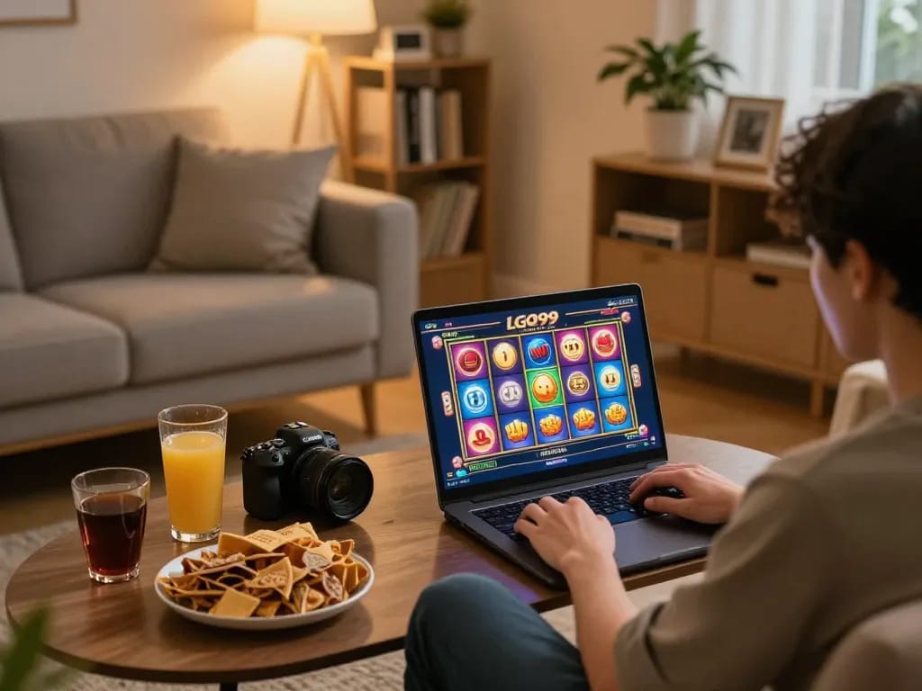 LGO99 Situs Game Online Terpercaya Di INDONESIA showcased with a player engaged in an online slot game from a cozy living room.