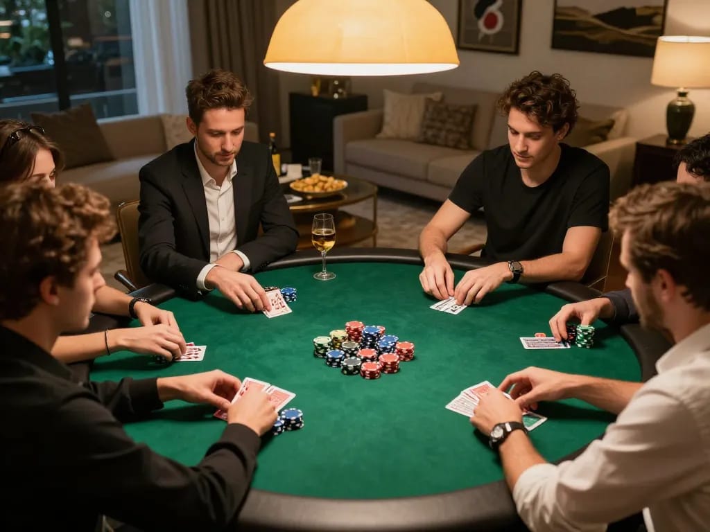 F8pet players engaged in a lively poker game around a green felt table, showcasing strategy and friendship