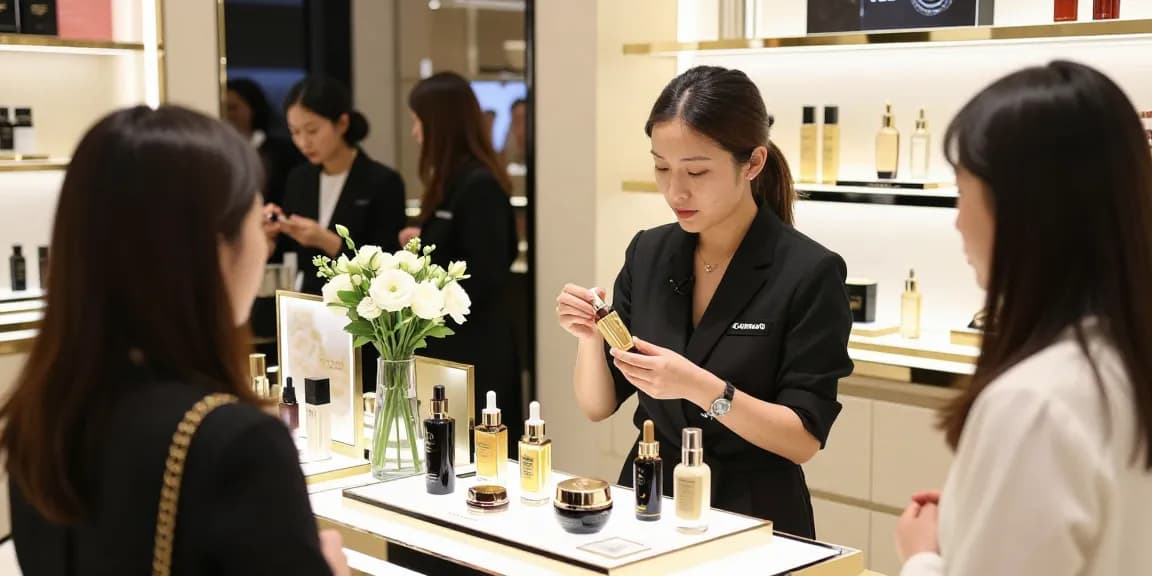 Presentasi produk skincare LUXURY12 di butik mewah dengan suasana elegan.