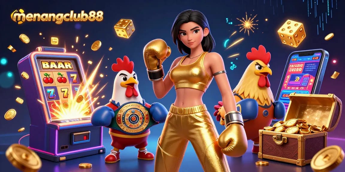 Win big with menangclub88 in a vibrant 3D casino scene featuring dynamic gaming elements.