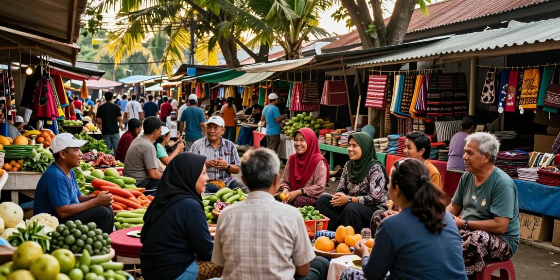 Komunitas aktif di pasar lokal Leci123, berinteraksi dengan ceria dan penuh warna, menampilkan budaya masyarakat.